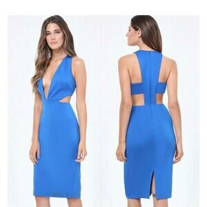 Bebe Fierce Deep V Plunge Side Cut Out Blue Ponte Dress Size S